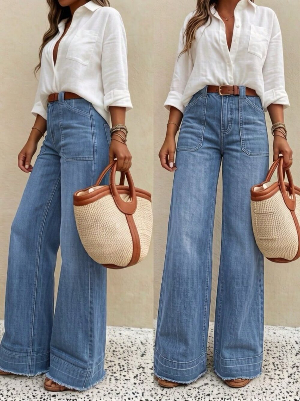 Light Wash Casual Women's High-Quality  Denim Wide Leg Jeans